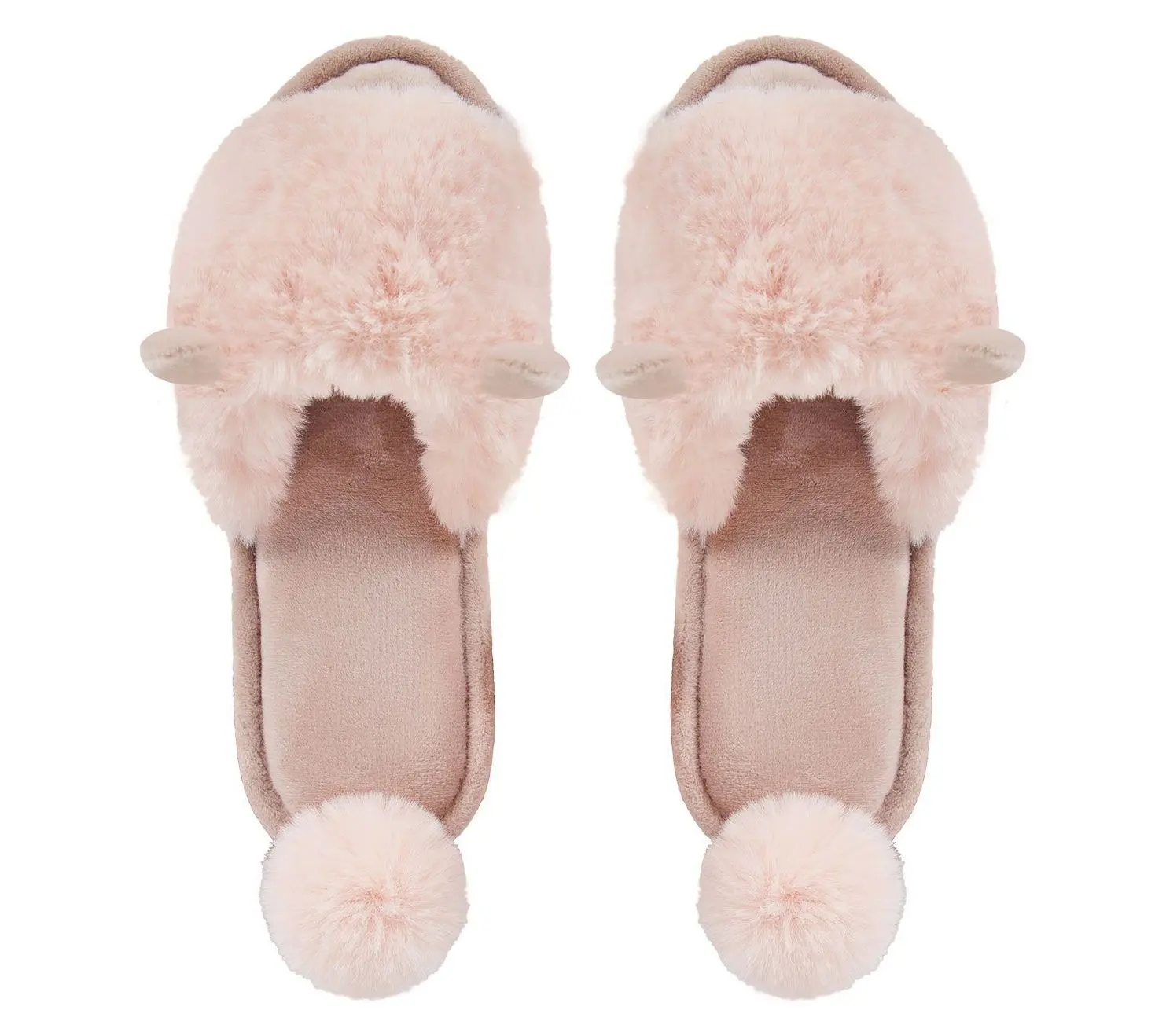Memoi Bunny Hop Pom-Pom Open Toe Plush Slippers
