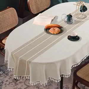 Solid Embroidery Oval Tablecloth with Tassels for Oval Table, 60 x 102 Inch Lace Dust-Proof Table Cover for Kitchen Dinning, Wrinkle Free Anti-Fading Tabletop Decoration
