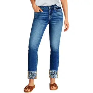 Flamingals Roll Hem Floral Embroidery Mid Waist Straight Leg Crop Jeans Womenswear Stretchy 26.0" Inseam
