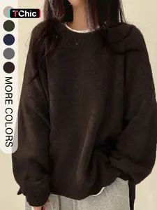 Women's Drop Shoulder Split Hem Loose Fit Sweater, Casual Long Sleeve Round Neck Jumper, Women's Knitwear Top for Fall & Winter, Sweaters for Women