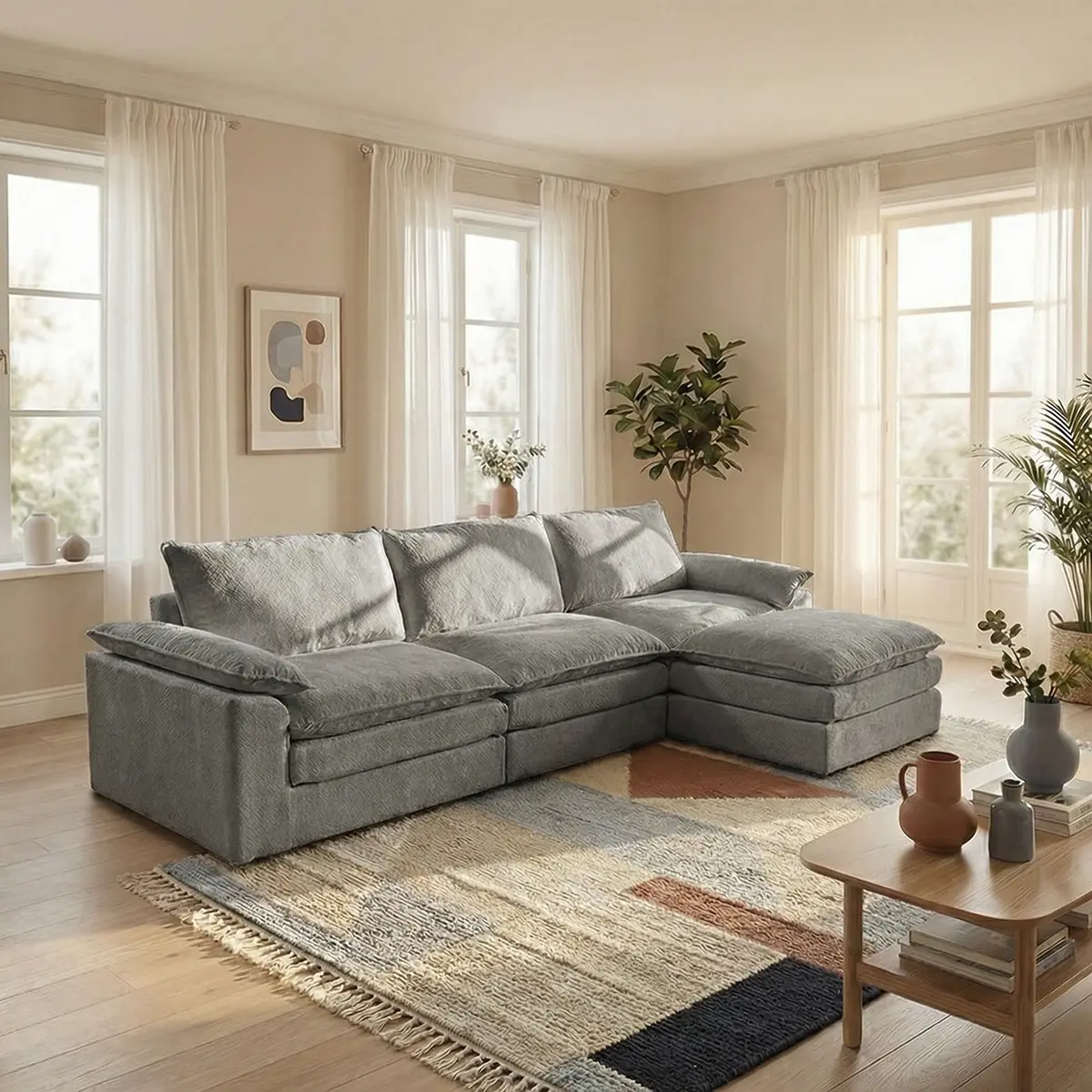 Convertible L-Shaped Sectional Sofa Couch - Knitted Fabric, Reversible Chaise, Extra Wide Seat, Memory Foam Cushion, Down-Filled, Fully Assembled Modern Indoor Living Room Furniture