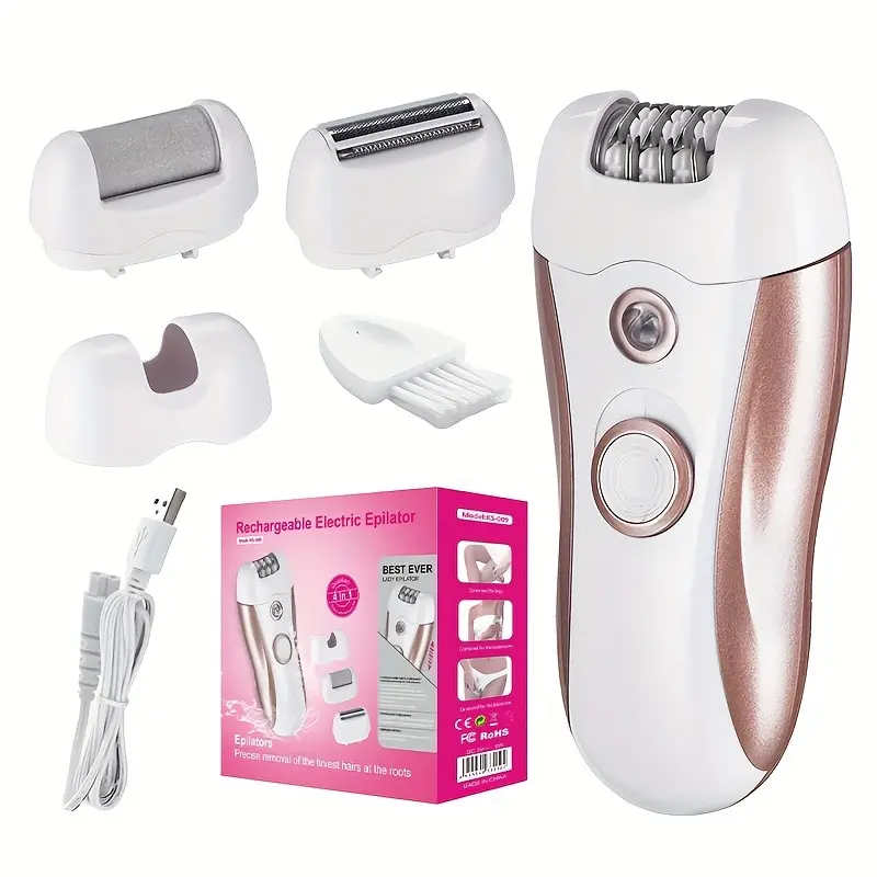 4-In-1 Women'S Epilator And Shaver Electric Shaver Epilator, Tweezers Microdermabrasion Women'S Private Parts Body Hair Underarm Razor, Foot Grinder Multifunctional Shaver Two-Speed Adjustment, Light-Assisted USB Charging, Long Battery Life