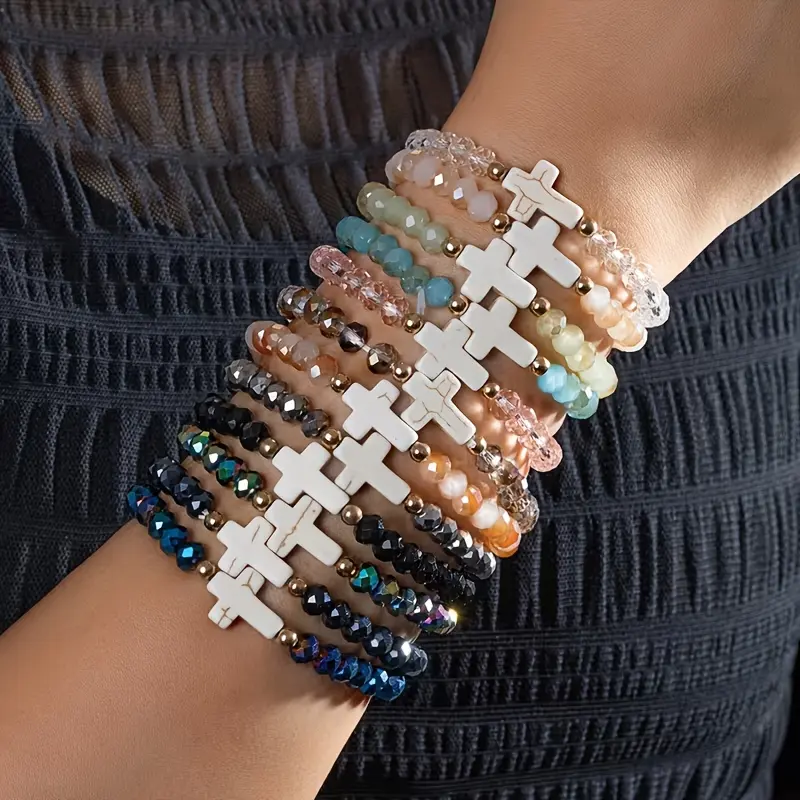 12/24 Piece Cross Bracelets Set, Bohemian Turquoise Resin Bangles, Colorful Elastic Pack for Bracelet Stacking & Gifting, Colorful Cross Embellished Bracelets & Bangles