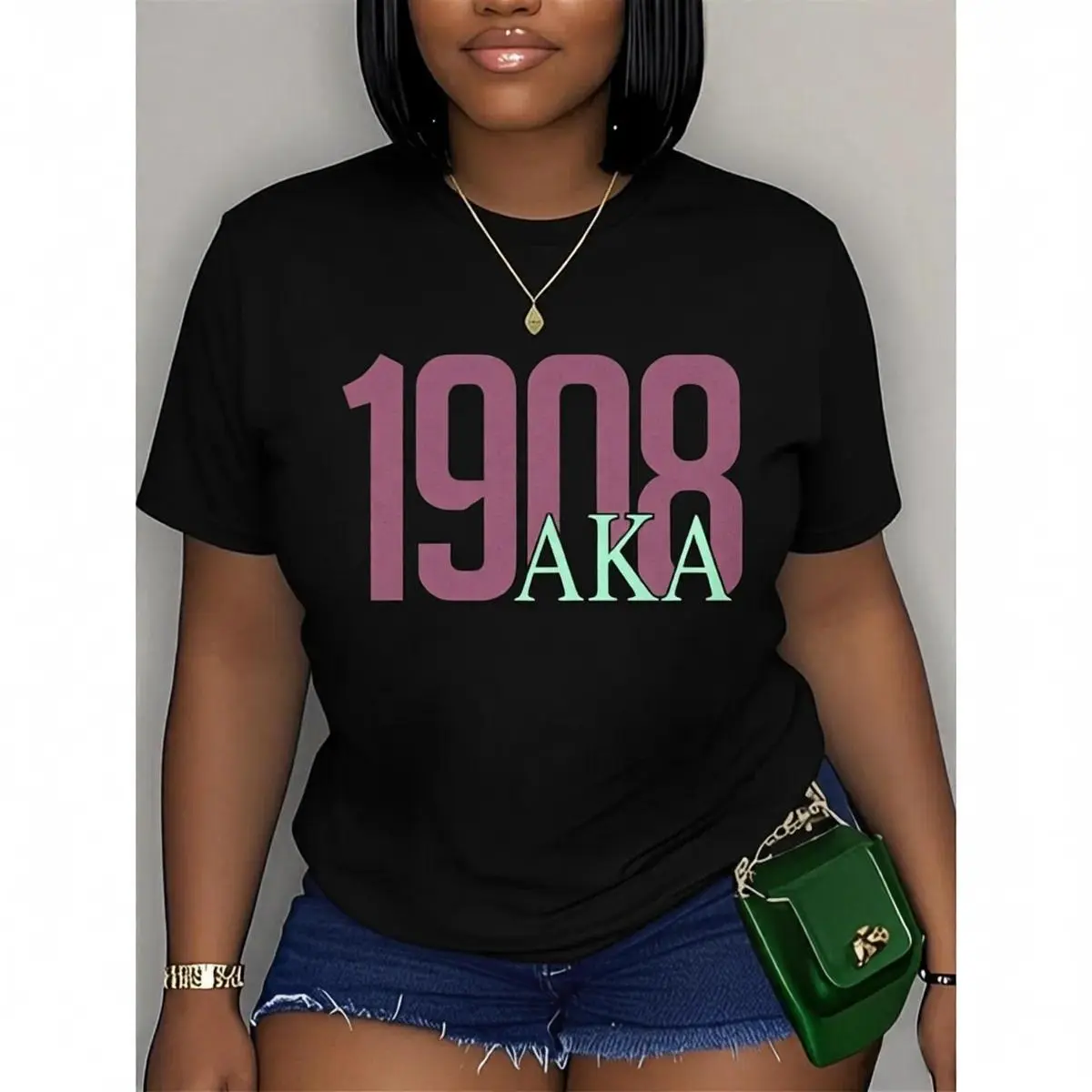 Women's Cotton Graphic Print Short Sleeve T-Shirt - Loose-Fit Baggy Oversize, Casual Round Neck, Breathable Lady Streetwear Top for AKA 1908 Sorority HBCU Founders Day, Pink & Green Casual Wear, Shortsleeve