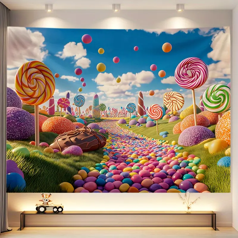 Candyland Tapestry - Lollipop Wonderland Cartoon Candy House & Ice Cream Castle Tapestry - Polyester Fleece Fabric Indoor Tapestry, Suitable for Living Room, Fairy Tale Birthday Party & Photo Booth Backdrop Decoration - Woven, No Electricity Required