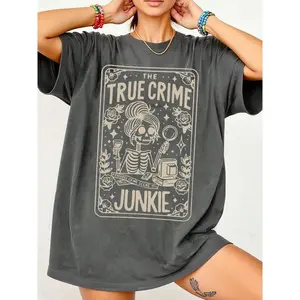 Women's Deep Casual Letter Print Round Neck Drop Shoulder T-Shirt Simple Campus Fashion Street Style Halloween Cartoon Skull Design 100% Combed Cotton Heavyweight Tee