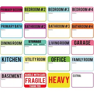 Moving Labels for Boxes, 3 x 2 Packing Labels for 3-4 Bedroom House, 20 Designs with Fragile and Heavy Stickers