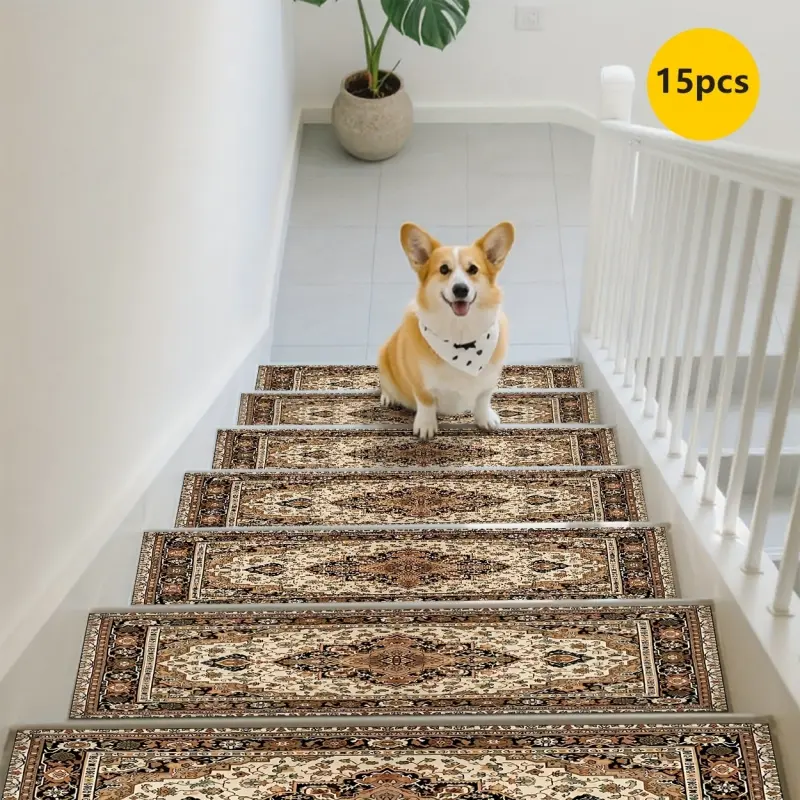 15pcs Rubber Anti-slip Mat, Multi-color Complex Ethnic Pattern Printed Stair Mats, Non-slip Stair Carpets, Easy to Clean, Comfortable and Aesthetically Pleasing, Versatile for Multiple Scenarios