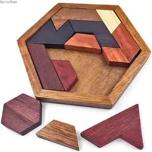 Wooden Hexagon Tangram Puzzle Toy, Educational Brain Teaser and Montessori STEM Toy, Portable Puzzle Game for Kids and Adults, Fun Family Interactive Game, Perfect for Travel, Learning, and Holiday Gifts