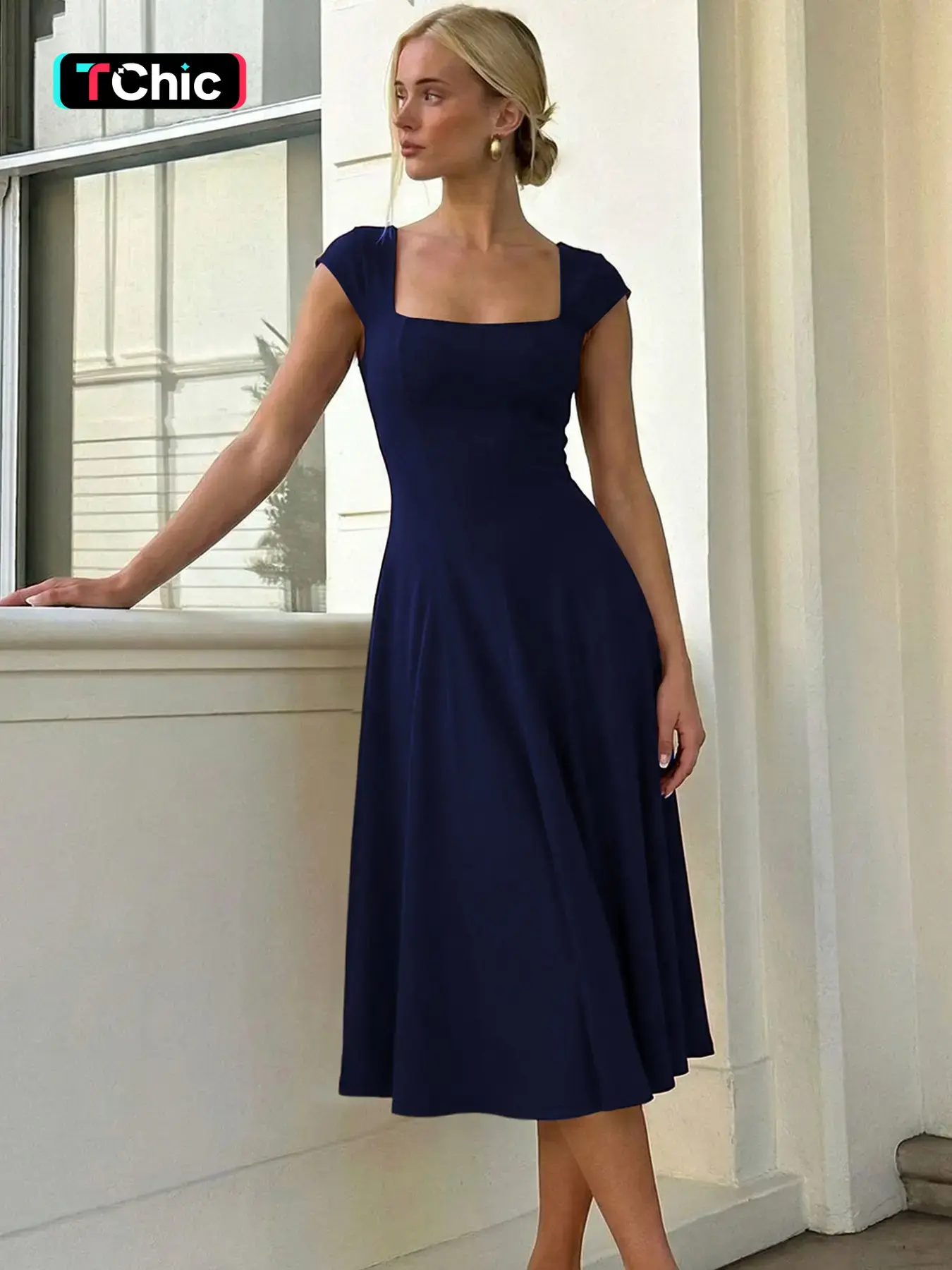 Women's Solid Color Square Neck Tie-back Bodycon Pleated Dress, Butterfly Short Sleeves Ruched Backless Lace-up A-line Midi Dress, Formal Wear, Holiday Party Club Date, Summer Holiday Daily Casual Dresses, Elegant Fit Dress