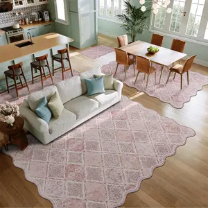 Boho Area Rug, Unique Scalloped Ultra-Thin Soft Washable Rug,Non-Slip Stain Resistant Lightweight Low-Pile Carpet for Kids Room Playroom Living Room Office(Pink)