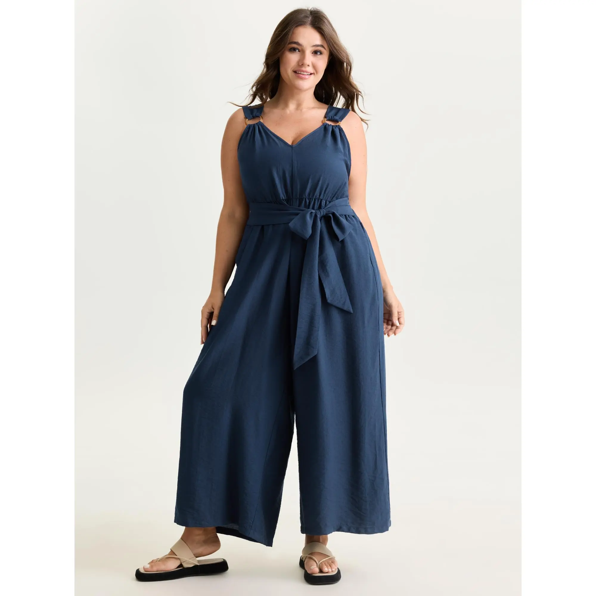 BloomChic Women's Plus Size Overalls - Breathable Nylon-Rayon Blend Fabric Jumpsuit, Flattering Cut, Adjustable Waist-Tie, Pockets, Minimalist Solid Fit, Summer Throw-On-and-Go Outfit (Sizes 14-16/1X, 18-20/2X)