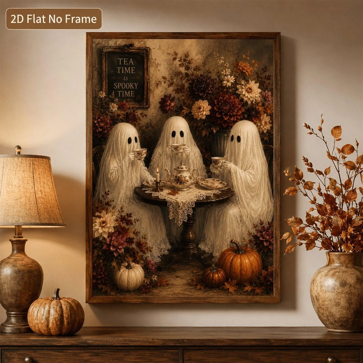 2D Flat, 1pc, Vintage Afternoon Tea Floral Pumpkin Poster, Autumn Halloween Thanksgiving Wall Art, Unframed Canvas Print, Spooky Bedroom Wall Decor, Cozy Home Decor, Room Decoration, Holiday Gift, Creative Decorative Mural