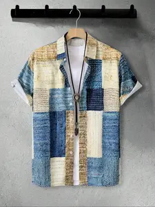 Men's Patchwork Print Short Sleeve Shirt Button Up, Regular Fit Casual Comfy Button Front Top for Daily Wear, Men's Clothes for Summer, Tropical, Menswear
