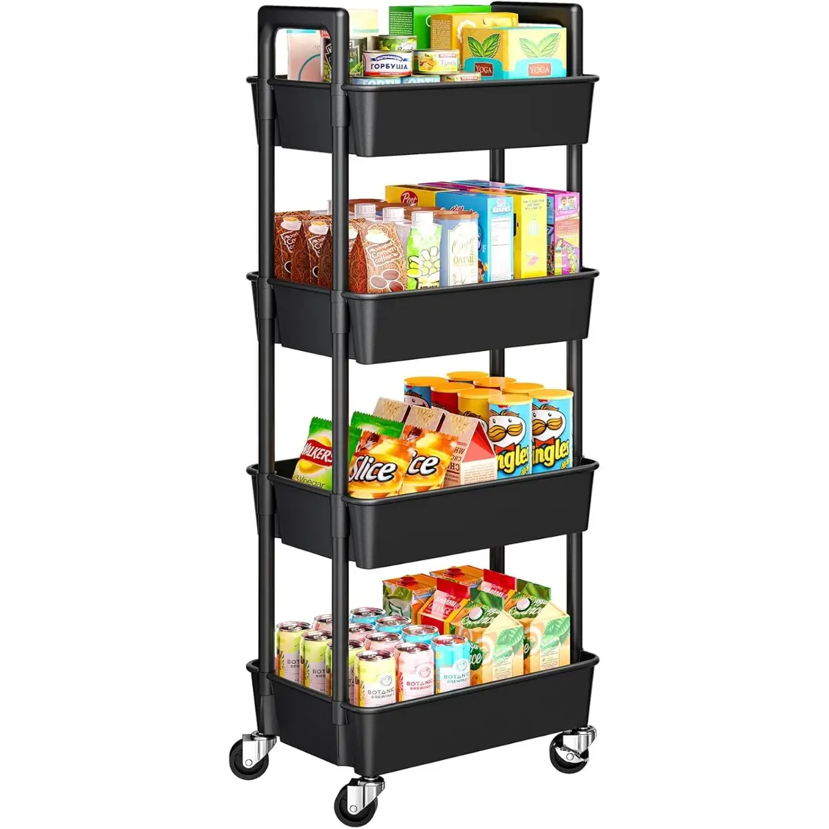 4-Tier Rolling Plastic Cart with Lockable Wheels and Reinforced Handle, Lightweight Utility Storage for Nursery, Bathroom, Craft Room, Black
