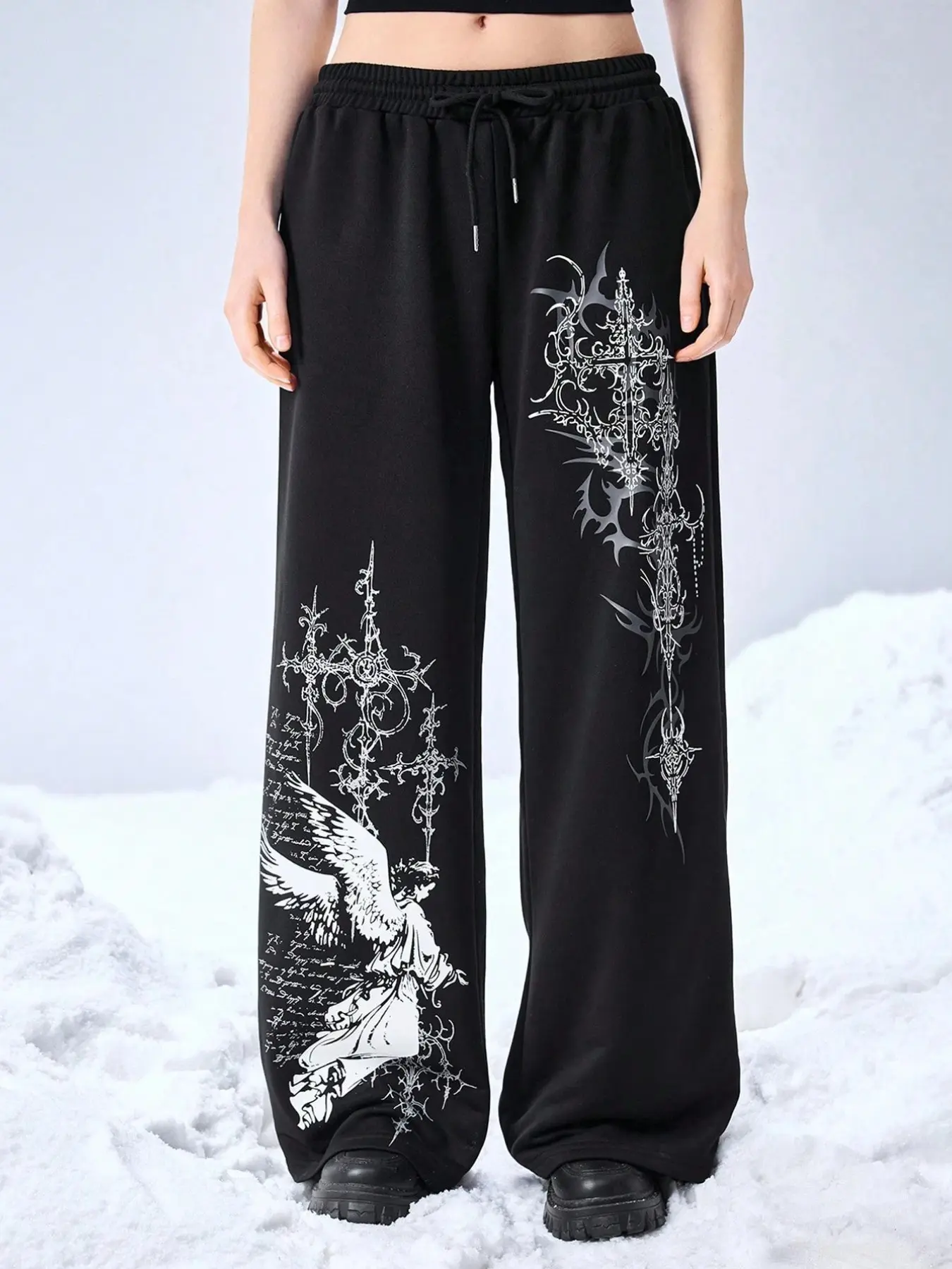 Grunge Punk Spring Casual Trendy Versatile Graphic Y2K Cyber Symbol & Angel Print Loose Women Sweatpants, Comfortable and Stylish