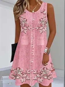 Women's Floral Embroidery Denim-effect Print Dress, Casual Round Neck Sleeveless Short Dress for Summer, Ladies Clothes for Daily Wear, Womenswear