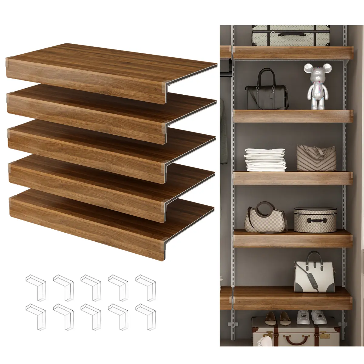 5 Pcs Modern Walnut Wood Grain Print Foamed PVC Wire Shelf Covers (28x16in) - Removable Dust Covers with Right Angle Holder for Closet, Kitchen - Home Supplies Shelving Protection & Decoration, 28 X 16 Inches