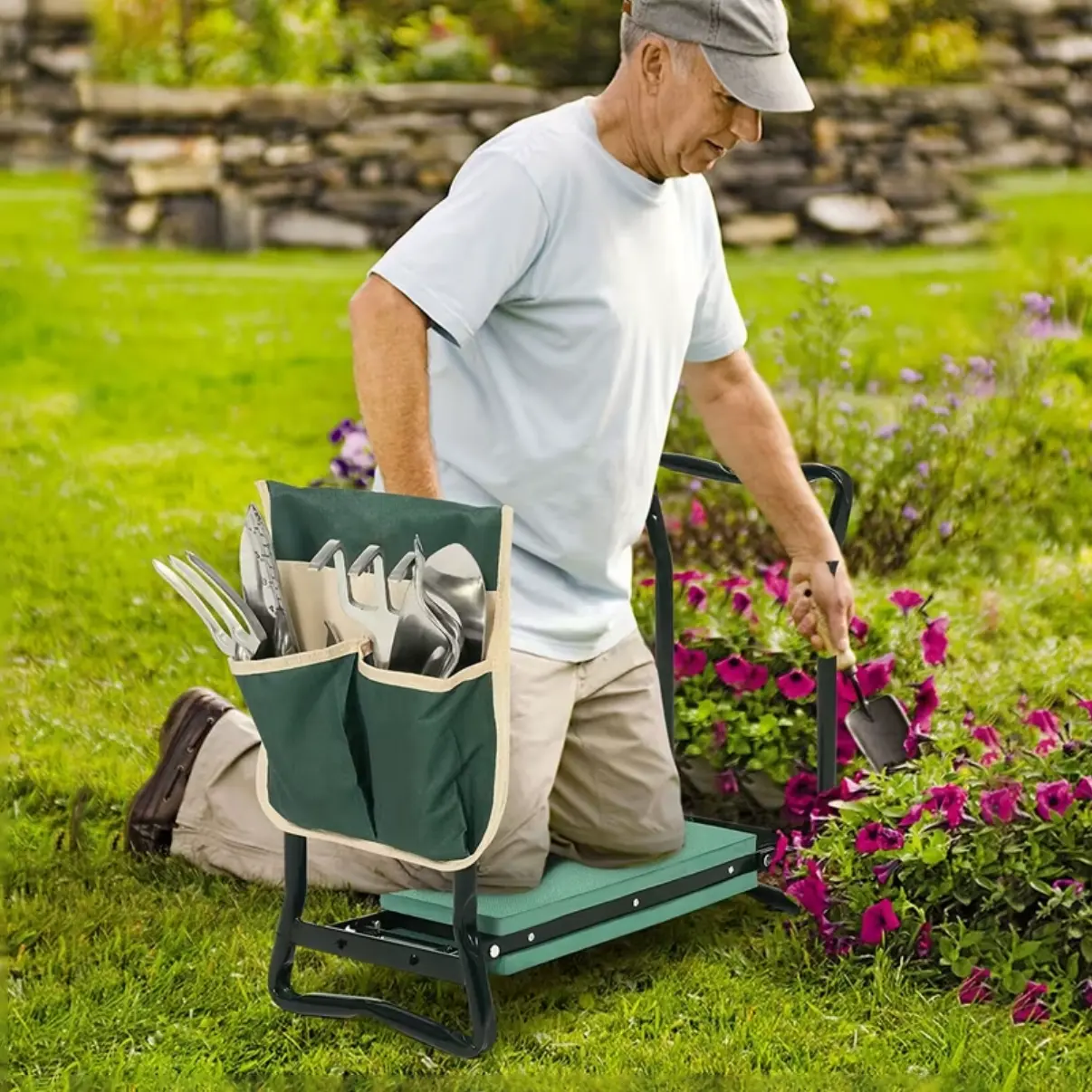Upgraded Foldable Garden Kneeler Seat - Cushioned Soft Foam Pad, Durable Heavy-Duty Gardening Stool, 330 lbs Capacity, Large Tool Pouches, Folding Gardening Workseat, Cushioned Gardening Workseats