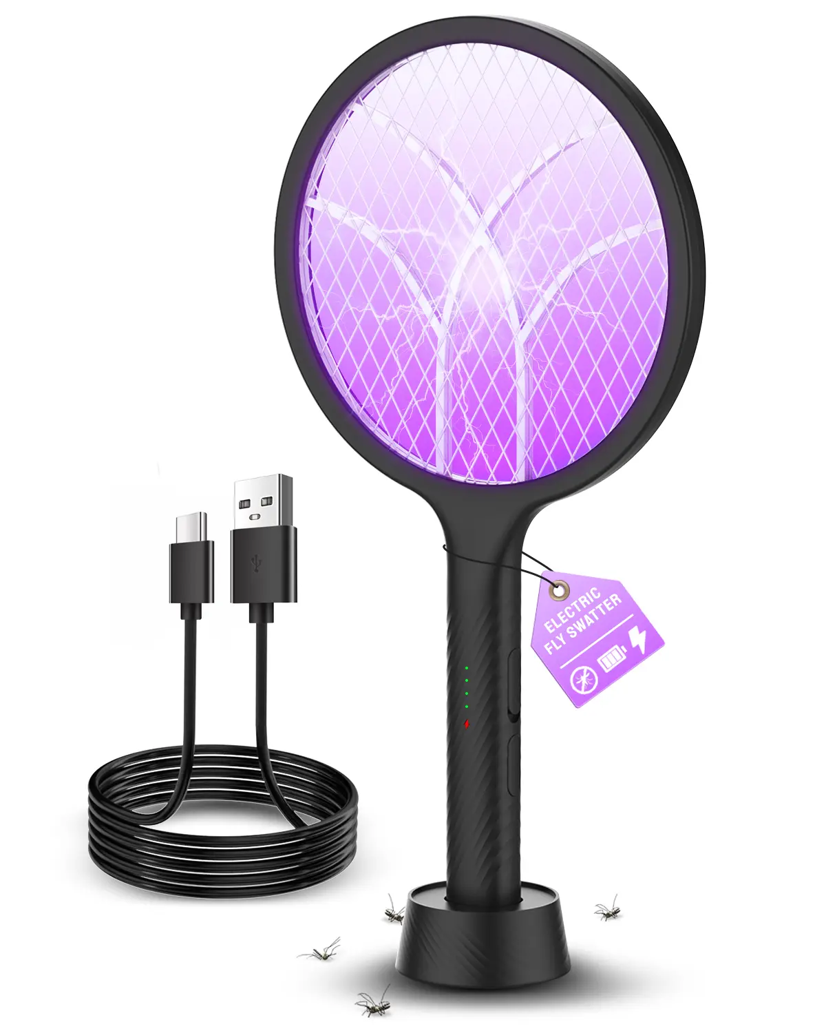 Electric Fly Swatter & Bug Zapper - 4000V 2-in-1 Mosquito Killer with Dual Modes & Purple Attractant Light, Rechargeable 1800mAh Battery, Type-C Charging, 3-Layer Safety Mesh, Lightweight for Indoor, Outdoor, Home, Patio, Camping