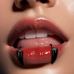 Oufer Halloween 2Pcs Faux Snake Bite Fangs Fake Vampire Teeth Lip Ring 316L Stainless Steel Unisex Fashion Accessory Edgy Design Labret Piercing