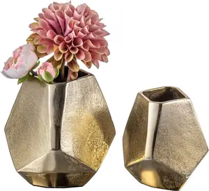 4 and 6 Inch Brass Tone Cast Aluminum Geometric Vases, Pentagonal Vase Centerpiece