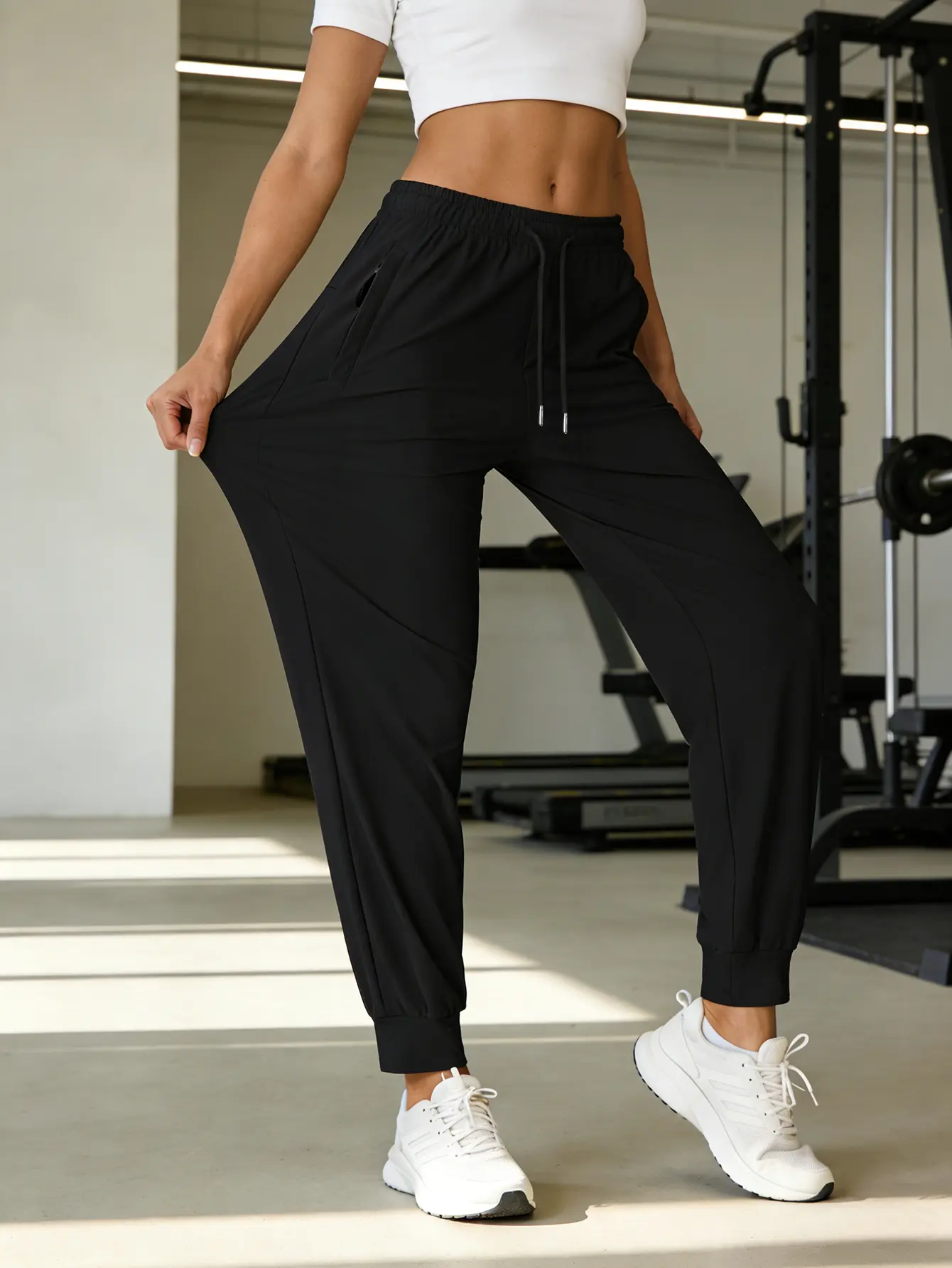 Women’s High-Rise Elastic Waist Quick-Dry Jogger Sweatpants - Cuffed, Drawstring, Pockets, Lightweight Breathable High-Stretch, Non-See-Through Wrinkle-Resistant Fabric, Loose Fit for Workout, Yoga, Casual Wear, Adjustable Waist, Gym Fashion, Athleisure W