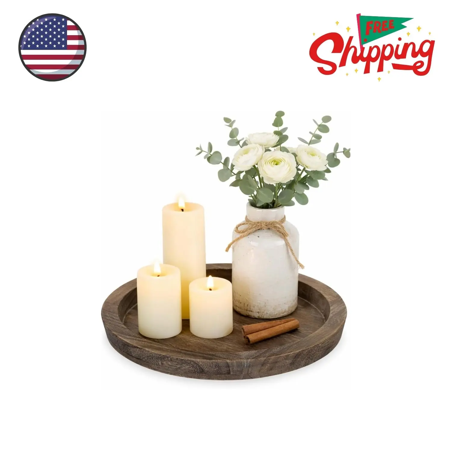 Round Wood Decorative Candle Plate Holder Tray- Rustic Farmhouse Decor