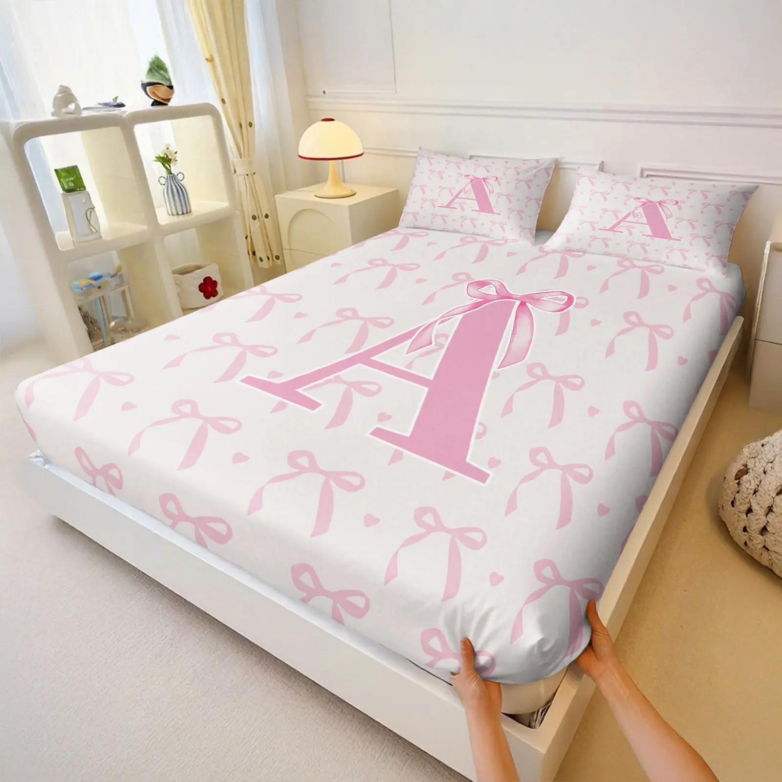 3Pcs Pink Bow & Monogram 'A-Z' Print Fitted Sheet Set, Cute Bedding, Ultra-Soft Microfiber Bed Sheet Set, Coquette Aesthetic Printed Bedding Set for Bedroom & Dorm, Deep Pocket Bed Cover, Perfect Gift for Girly & Romantic Bedroom Vibe