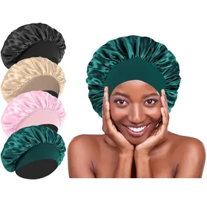 Silk Satin Bonnets 4Pcs - Elastic Wide Band Silk Hair Wrap Bonnets for Sleeping, Black Women Men Large Hair Cap for Shower Use Haircare Heatless