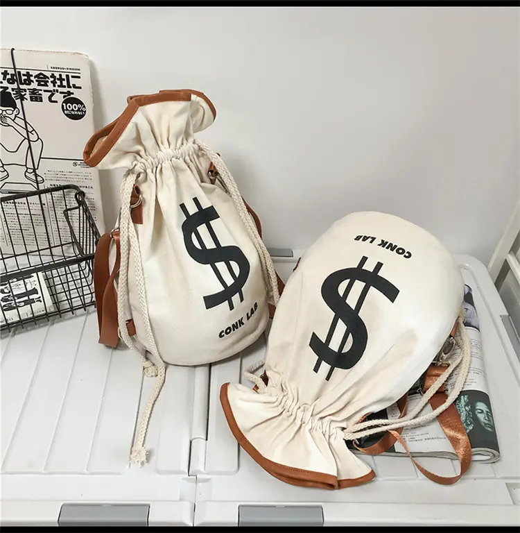 Fun canvas bucket backpack, US dollar logo backpack, coin bag, drawstring backpack, art backpack, French fries burger pendant backpack, lightweight leisure backpack for travel and sports, suitable for various daily occasions