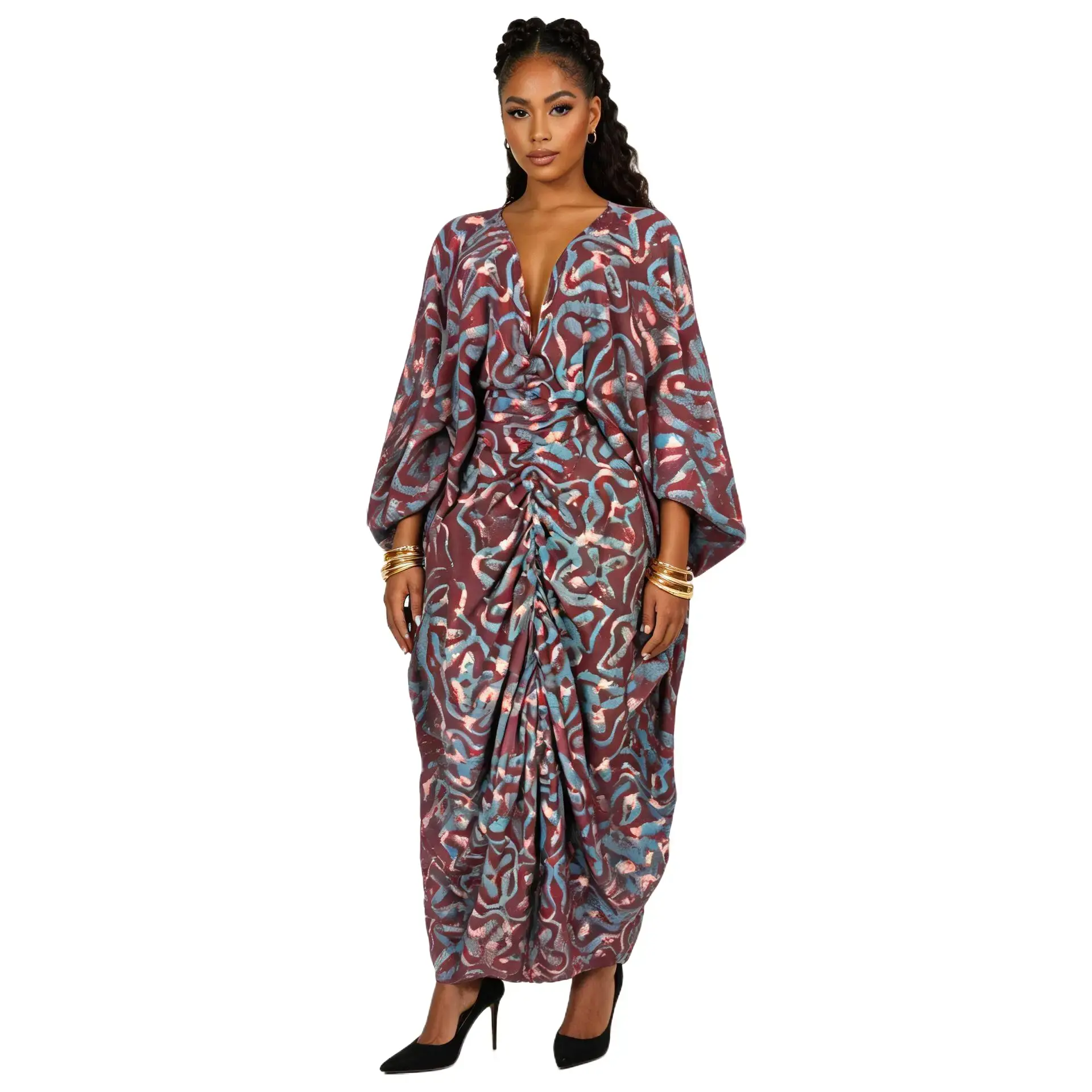 Women’s Adire Kaftan Dress With Scarf – One Size Fits Most – Flowy Modest Maxi Dress with Hidden Adjustable Waist Ties - Bubu Dress For Women