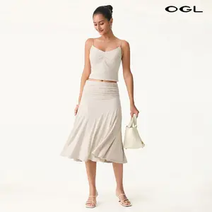 OGL Flowy Side Ruched A-line Midi Skirt - Elegant and Comfortable for Everyday Wear , Bottom, Basic，tiktokshopmemorialday
