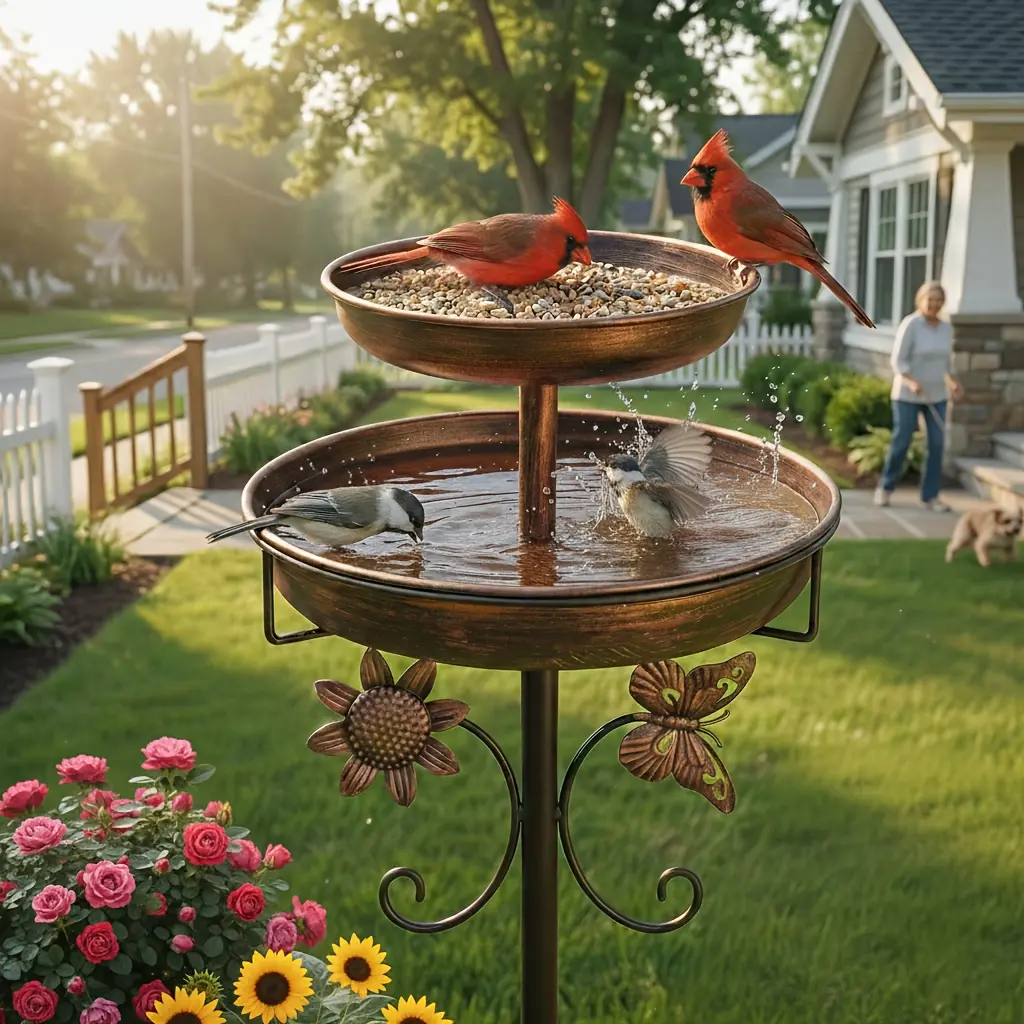 Vintage Iron Outdoor Bird Bath - 45-in Tall Nature Feeder Stand, Dual Metal Bowls, Bronze 5-Prong Base, Butterfly Accent, Decorative Garden Decor, Top Bowl for Water, Attracts More Birds, Promotes Relaxation