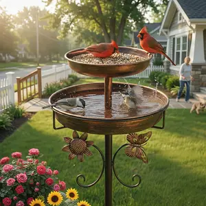 Outdoor Bird Bath, 42 Inches Tall Vintage Freestanding Design, Features Double Metal Bowls for Feeding Birds, Perfect for Garden, Patio, Or Yard Decoration, Enhanced with a 5-Pronged Base in Bronze End,summervibes outdoorfun
