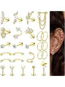 Diverse 26 Pcs Golden Glamorous Helix Piercing Non Tarnish Jewelry 316F Stainless Steel Tragus Earrings Set for Women Men Flat Back Earrings Stud Ear Piercing Conch Helix Hoop Cartilage Earrings Rook Daith Tragus Piercing Jewelry Set