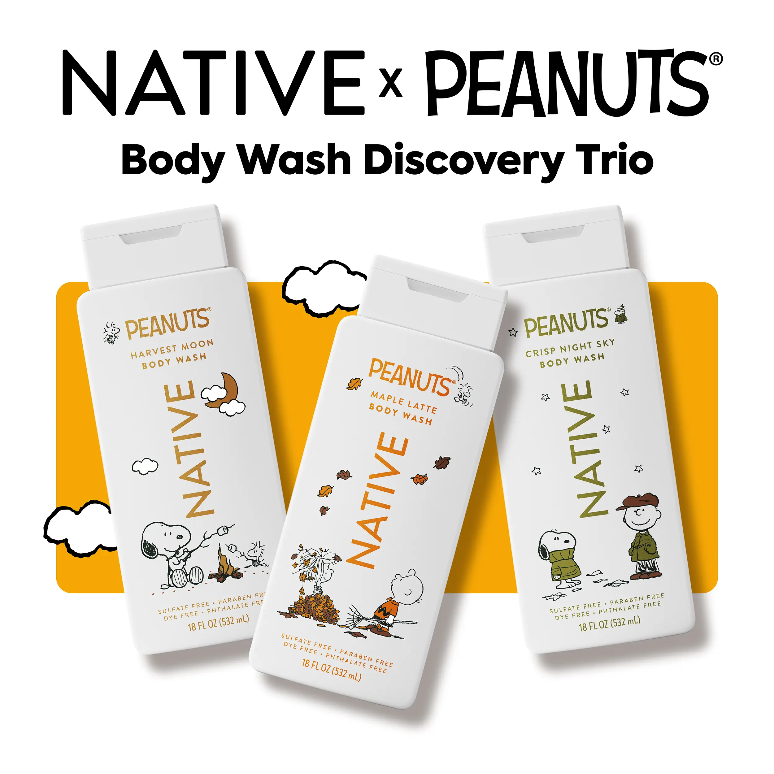 NATIVE x Peanuts Limited Edition Body Wash Discovery Trio – 3-Pack, 18 oz, Rich Lather, Gentle Cleanse, 24HR Freshness