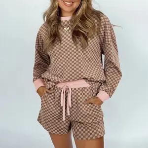 Women’s Checkerboard Long Sleeve Pullover and Drawstring Shorts Set, Two Piece Set 2025 Fall Outfits