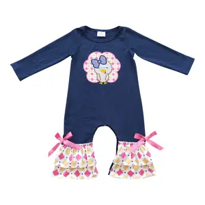 LR0326--Turkey embroidery navy blue long-sleeved onesie