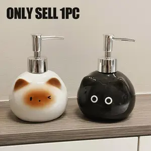 Cute Cat and Cat Ceramic Soap Dispenser 16.23 Ounce, Refillable Pump Bottle for Liquid Soap Shampoo and Kitchen Cleaners, Modern Bathroom Accessory or Kitchen Decor