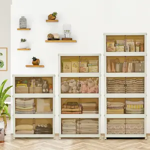 Stackable Storage Bins with Lids and Wheels, Folding Storage Box with Magnetic Doors, Closet Organizers and Storage, Collapsible Storage Drawers for Bedroom Kitchen Office, 3 Tier 4 Tier 5 Tier, 81QT Per Tier
