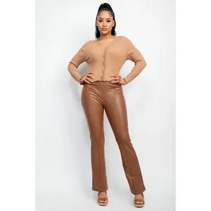 FAUX LEATHER FITTED FLARE PANTS