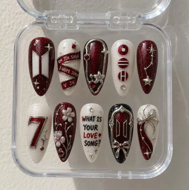 Love Song Press On Nails | OT7 Red Chrome Nails | Concert Nails | ARMY Handmade Gel Nails | Korean Floral Nails | Kpop Fan Gift