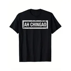 Men's Black AH CHINGAO Spanish-Like Slogan T-Shirt - Distressed White Lettering & Spanish Phrase Print, Soft Crew Neck Short Sleeve Casual Streetwear Tee, Non- Everyday Shirt for Dad, Husband, Gift Idea (Regular Fit) Crewneck Tshirt