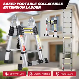 Saker Portable Collapsible Extension Ladder 16.4ft Double-Sided Aluminum Telescoping Ladder with Anti-Slip Strips and Reinforced Pads for Home Outdoor Decorating and Painting