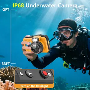 W&O 4K Underwater Camera, 64MP 33FT Waterproof Camera for Snorkeling with 32GB Card Dual-Screen Compact Dustproof Floatable Autofocus UHD 64MP Point and Shoot Digital Camera 2500mAh Battery, Yellow