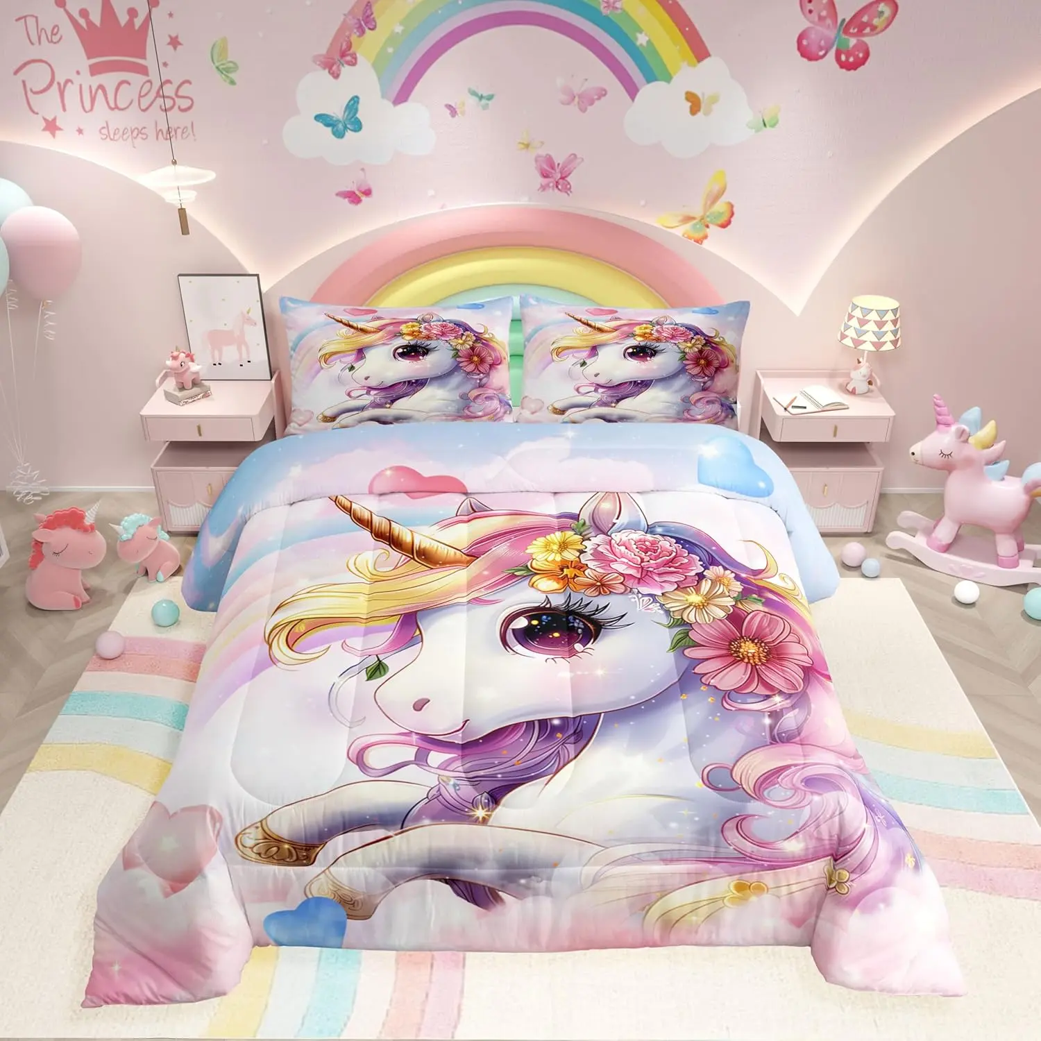 Feelyou Kids Matching Bedding Set - Microfibre Polyester Reversible Comforter, Breathable Cozy Chic Blanket, Cute Print, Machine Washable, Queen Size, Bedroom Cozy Setup, Travel-Ready, Low Roll Over