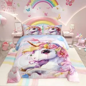 Unicorn Bedroom Bedding Set for Girls,Rainbow Unicorn Comforter Set for Kids,Unicorn Bedroom Decor Cute Reversible Stars Quilt Comforter