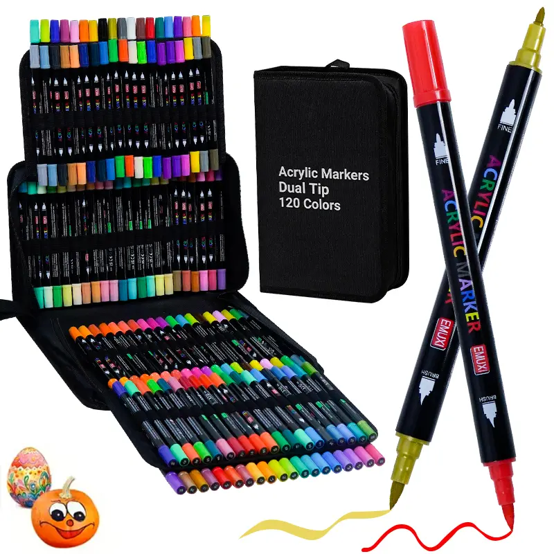 Premium Paint Pens Set - Dual-Tips Acrylic Markers (1-5mm Brush, Fine), Office Stationery Writing Tool, 12-Shade Rock Painter & DIY Crafts Artist Supplies (120 Colors, Mark-Compatible)