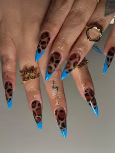 Blue French Tip Leopard Press On Nails, Blue Leopard Print Fake Nails, Fierce Press On Nails, Handmade Nail Set, Stiletto Leopard Press Ons